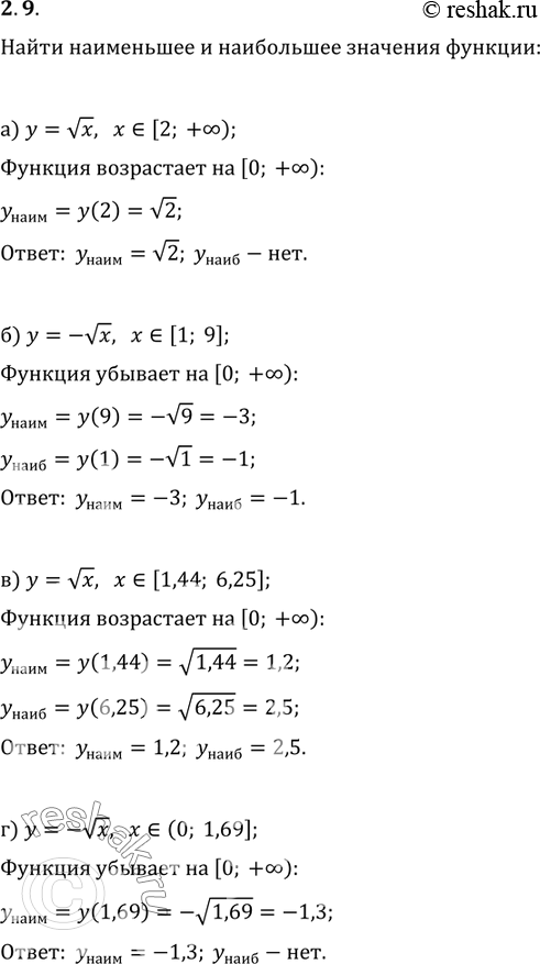 Изображение 2.9 а) у = корень(x), х принадлежит [2; + бесконечность);б) y = - корень(x), x принадлежит [1; 9];в) у = корень(x), х принадлежит [1,44; 6,25];г) у = -...