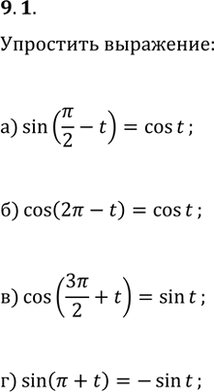 Изображение 9.1 Упростите выражение:a) sin (пи/2 - t);б) соs (2пи - t);в) cos (3пи/2 + t);г) sin (пи +...