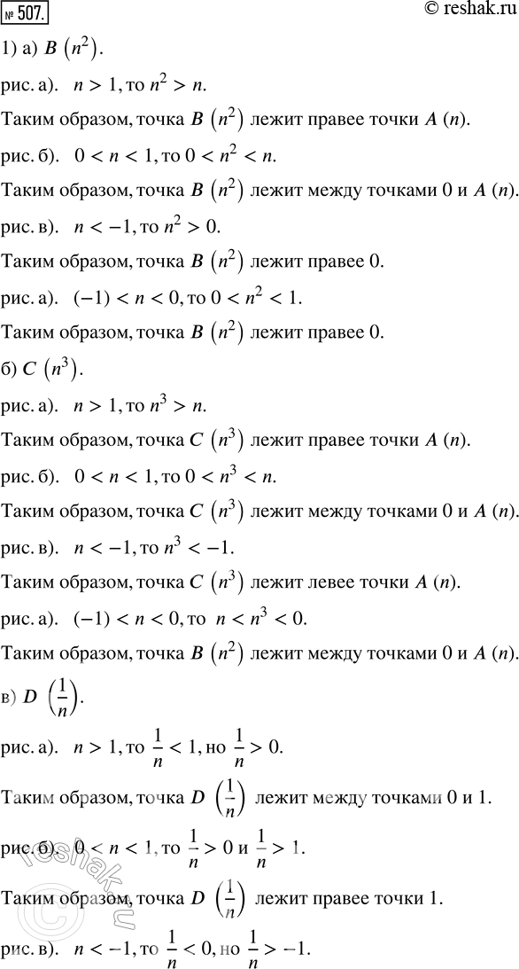 Изображение 507. 1) На рисунке 51 укажите примерное расположение точек: а) В(n^2); б) С(n^3); в) D(1/n).2) На рисунке 52 укажите примерное расположение точек: а) С(1); б) D(1/n);...