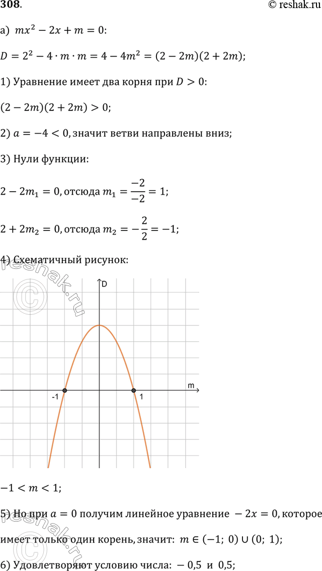 Изображение 308.а) Найдите все значения m, при которых уравнение mx^2 - 2х + m = 0 имеет два корня. Из чисел -1,5; -0,5; 0; 0,5; 1,5 выберите те, которые удовлетворяют этому...