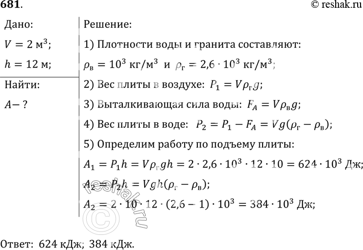 Изображение 681.	Какая работа совершается при подъеме гранитной плиты объемом 2 м3 на высоту 12 м? Чему будет равна работа, если эту плиту поднимать на ту же высоту в...
