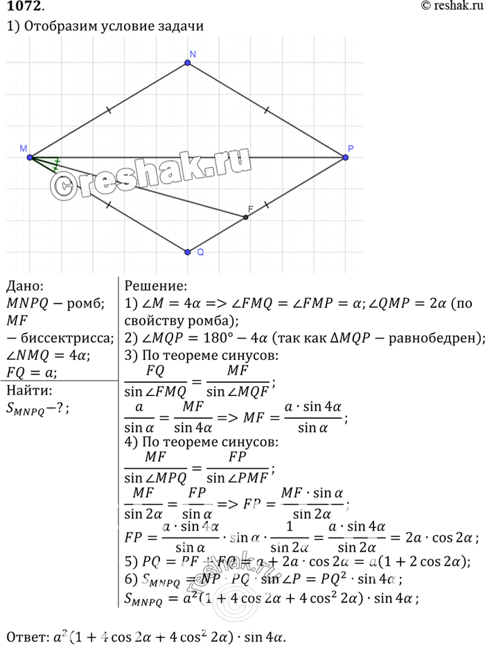 Изображение Дан ромб MNPQ. Отрезок MF — биссектриса треугольника MPQ, угол NMQ = 4а, FQ = a. Найдите площадь данного...