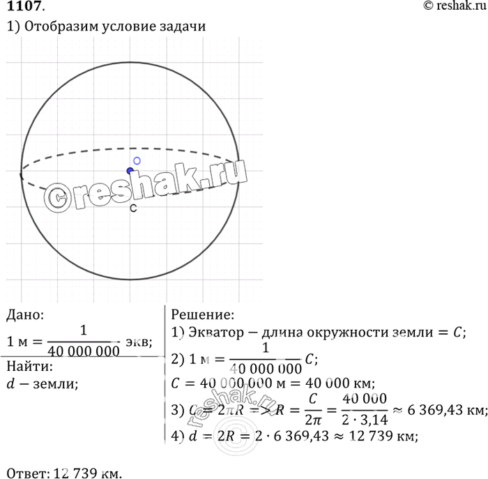 Изображение Метр составляет приближённо 1/40 000 000 часть земного экватора. Найдите диаметр Земли в километрах, считая, что Земля имеет форму...