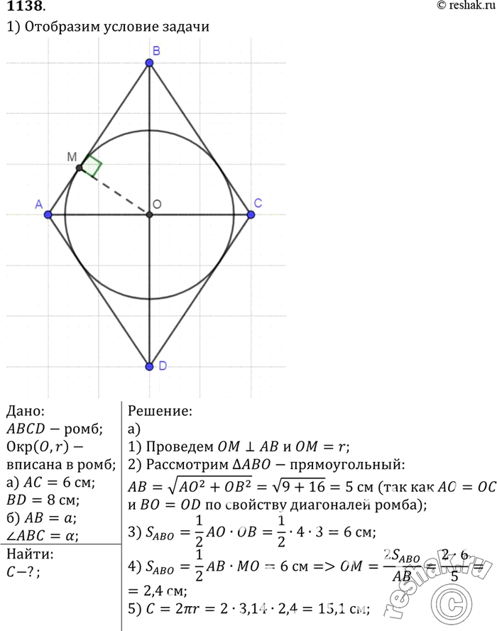 Изображение Найдите длину окружности, вписанной в ромб, если: а) диагонали ромба равны 6 см и 8 см; б) сторона ромба равна а и острый угол равен...