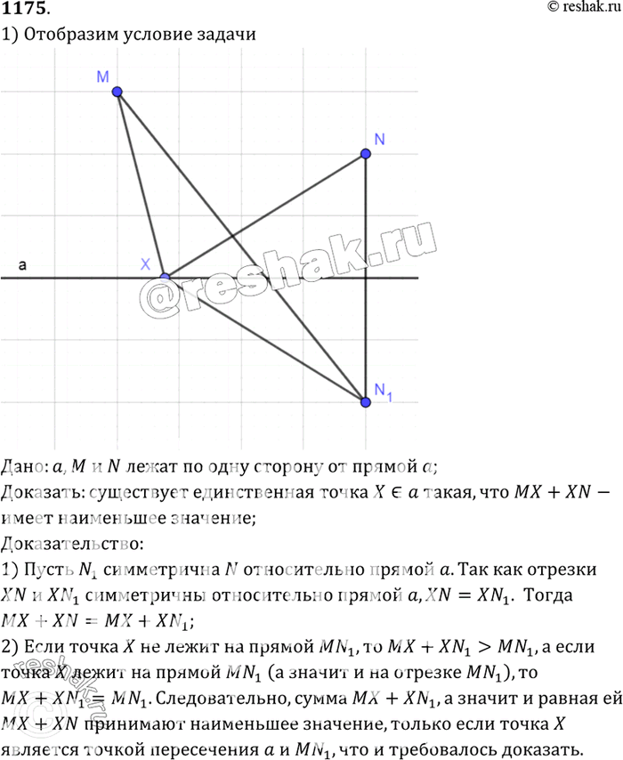 Изображение Даны прямая а и точки М и N, лежащие по одну сторону от неё. Докажите, что на прямой а существует единственная точка X, такая, что сумма расстояний MX + XN имеет...