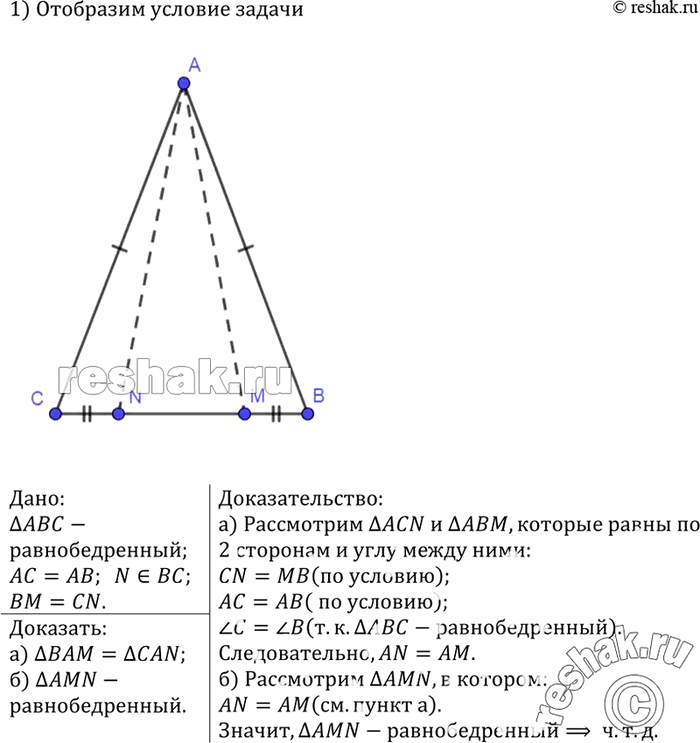 Изображение В На основании ВС равнобедренного треугольника ABC отмечены точки М и N так, что ВМ = CN. Докажите, что:а) треугольникВАМ = треугольникCAN;б) треугольник AMN...