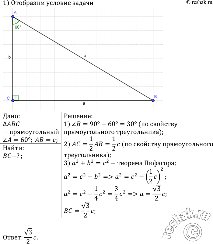 Изображение Найдите катет прямоугольного треугольника, лежащий против угла 60°, если гипотенуза равна...
