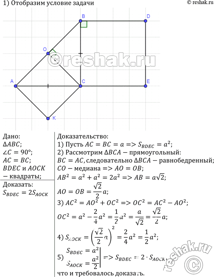 Изображение Докажите, что площадь квадрата, построенного на катете равнобедренного прямоугольного треугольника, вдвое больше площади квадрата, построенного на высоте, проведённой к...