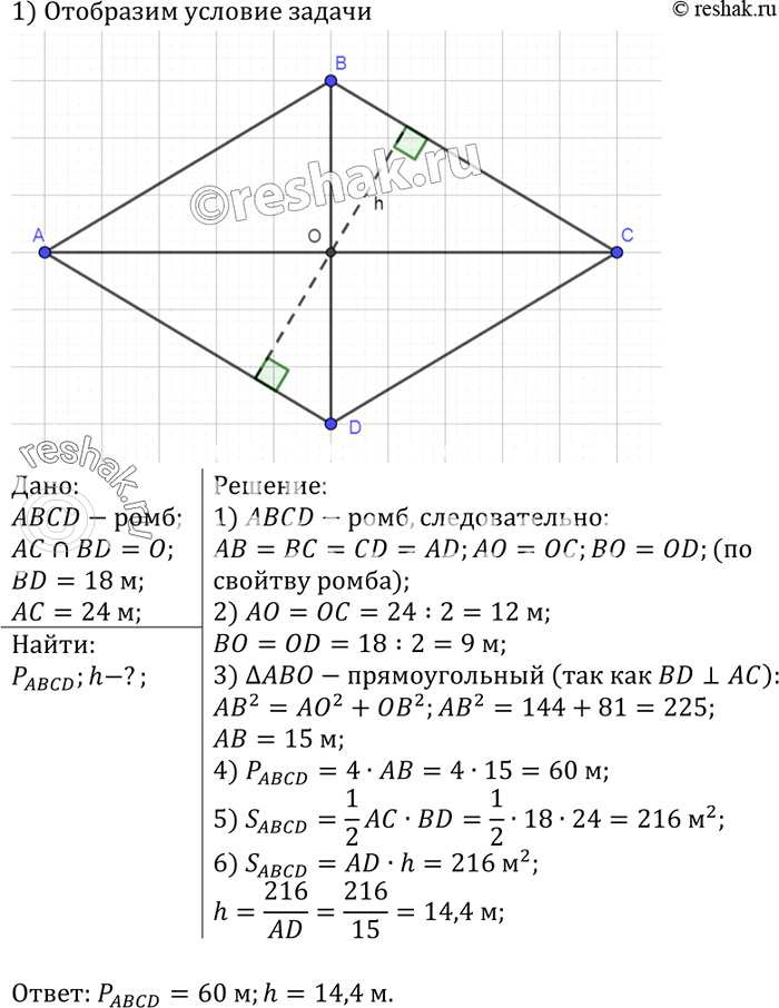 Изображение Диагонали ромба равны 18 м и 24 м. Найдите периметр ромба и расстояние между параллельными...