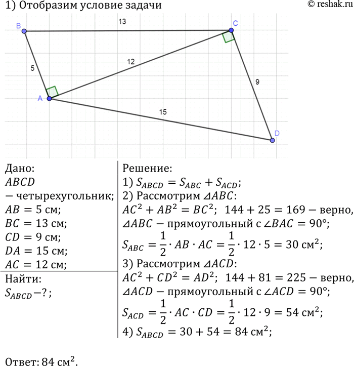 Изображение Найдите площадь четырёхугольника ABCD, в котором АВ = 5 см, ВС = 13 см, CD = 9 см, DA = 15 см, АС = 12...