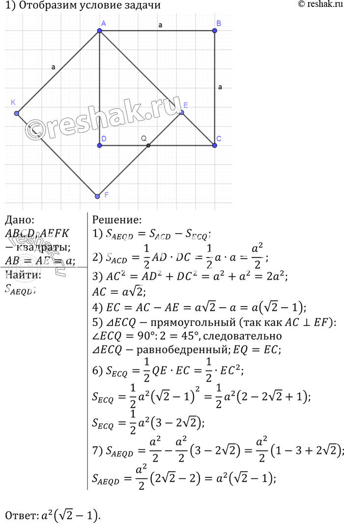 Изображение Два квадрата со стороной а имеют одну общую вершину, причём сторона одного из них лежит на диагонали другого. Найдите площадь общей части этих...