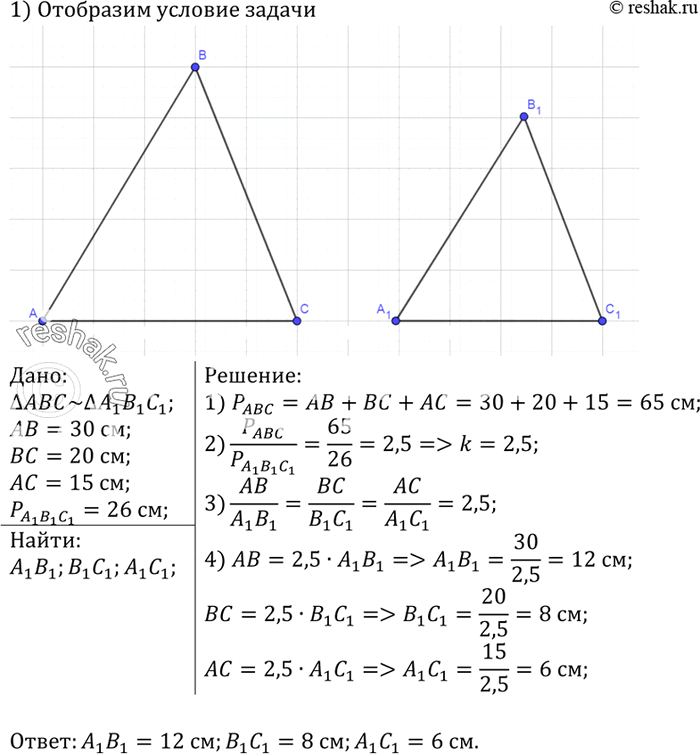 Изображение Стороны данного треугольника равны 15 см, 20 см и 30 см. Найдите стороны треугольника, подобного данному, если его периметр равен 26...