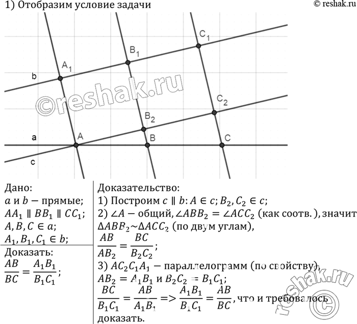 Изображение Прямые а и b пересечены параллельными прямыми АА1, ВВ1, СС1, причём точки А, В и С лежат на прямой а, а точки А1, B1 и С1 — на прямой b. Докажите, что...