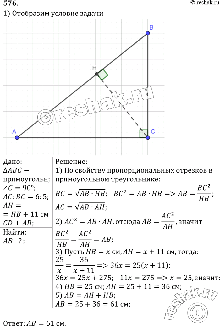 Изображение Высота прямоугольного треугольника, проведённая из вершины прямого угла, делит гипотенузу на отрезки, один из которых на 11см больше другого. Найдите гипотенузу, если...