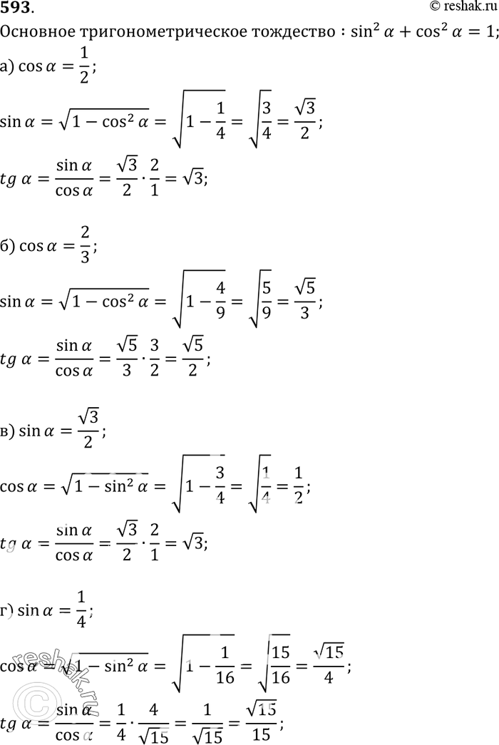 Изображение Найдите: a) sin a и tga, если cosa = 1/2; 6) sin a и tga, если cosa =2/3; в) cos a и tga, если sina =корень3/2; r) cos a и tga, если sin a =...