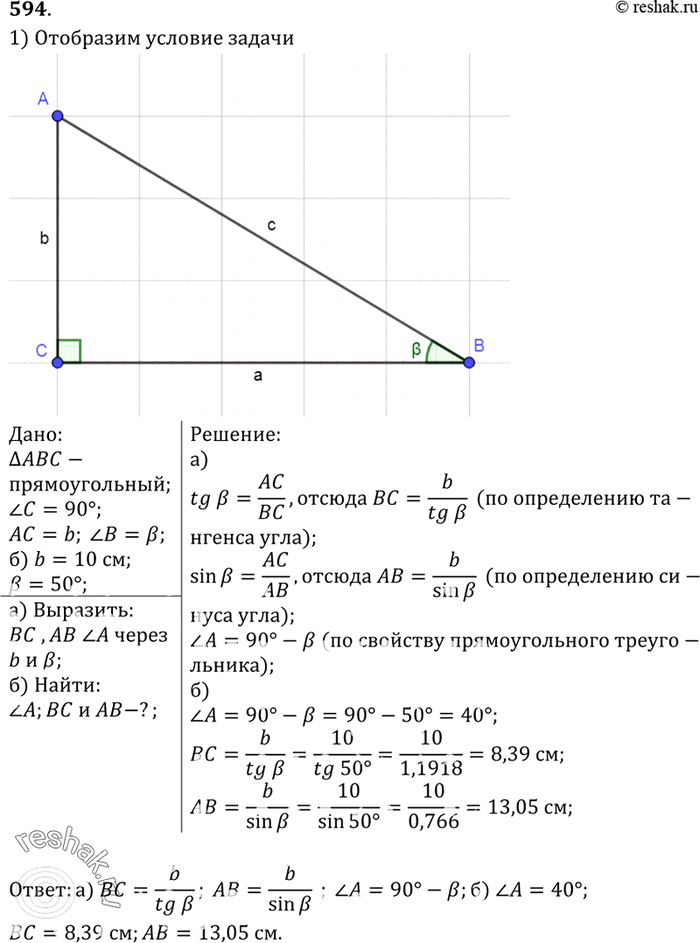 Изображение В прямоугольном треугольнике один из катетов равен Ь, а противолежащий угол равен р. а) Выразите другой катет, противолежащий ему угол и гипотенузу через b и b. б)...