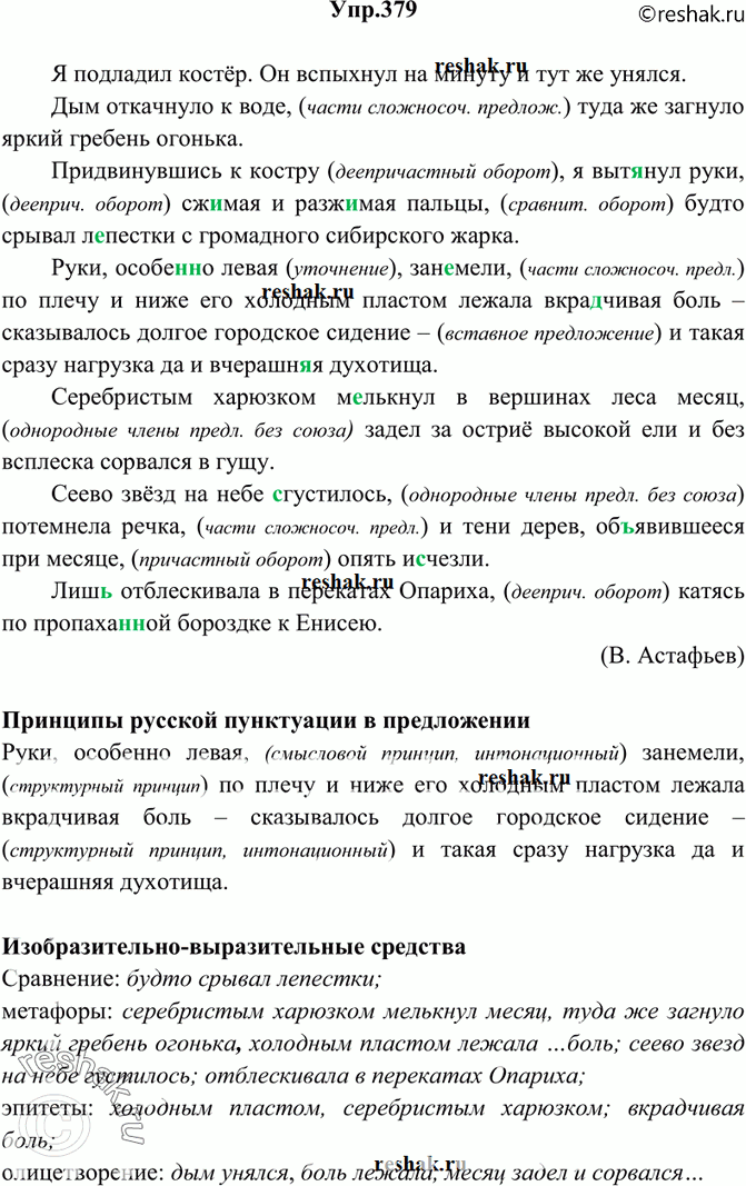 Изображение 379. Спишите, вставляя пропущенные буквы и расставляя знаки препинания. Укажите выделительные знаки препинания в этом тексте. Каким принципам русской пунктуации...