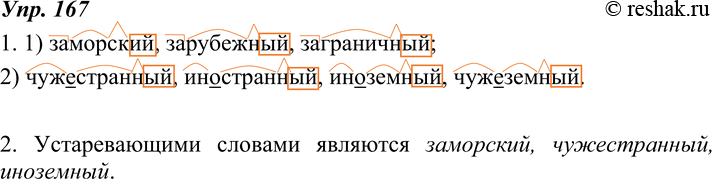Изображение 167. 1. Спишите синонимы, распределяя их на две группы в зависимости от морфемного строения:1) ???2) Чужестранный, заморский, иностранный, чужеземный, иноземный,...